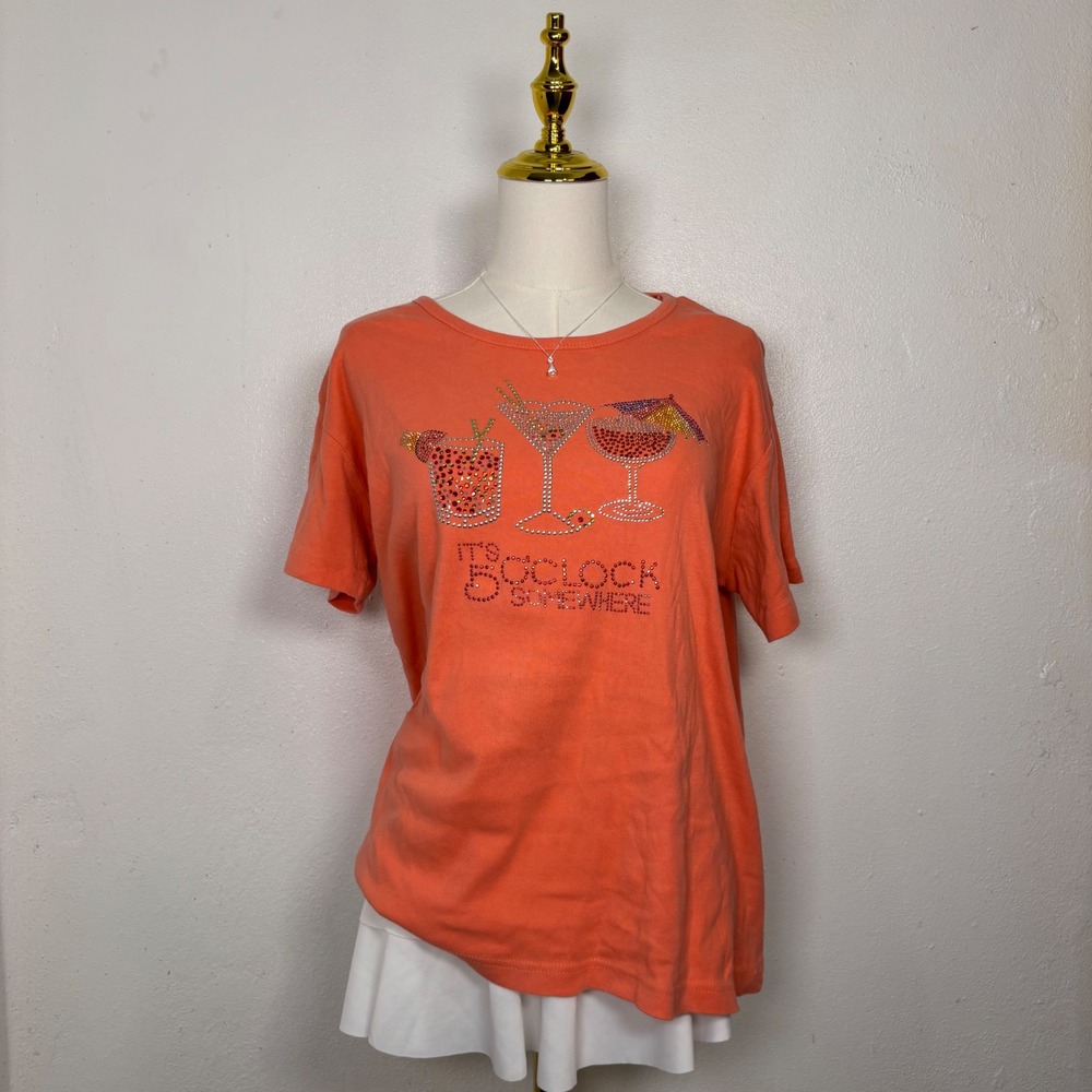 america casual pink coral its 5 o'clock somewhere bedazzled top dad core y2k